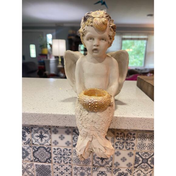 Signed Vintage R. Shipman Mermaid Cherub Shelf Sitter Statuette - Picture 1 of 7
